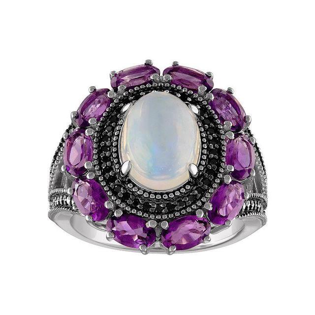 Tiara Sterling Silver White Opal Amethyst & Black Spinel Ring, Womens Product Image