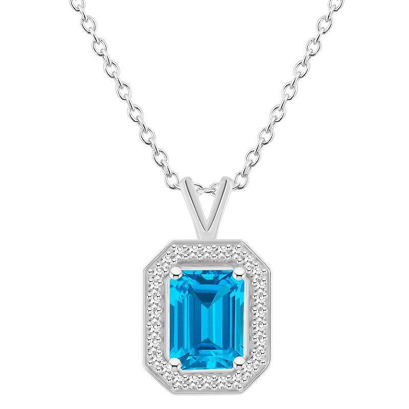 Celebration Gems Sterling Silver Emerald Cut Gemstone & 1/8 Carat T.W. Diamond Halo Pendant Necklace, Womens Green Product Image