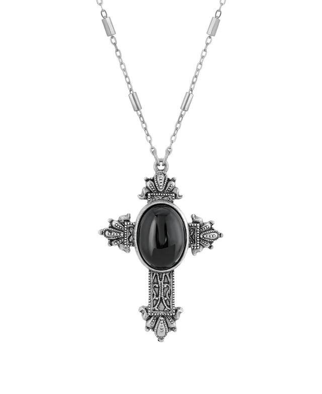 1928 Pewter Black Lace Cross Pendant Necklace Neckalce, Womens Product Image