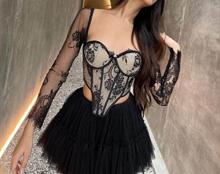 Long-Sleeve Lace Bustier Top Product Image