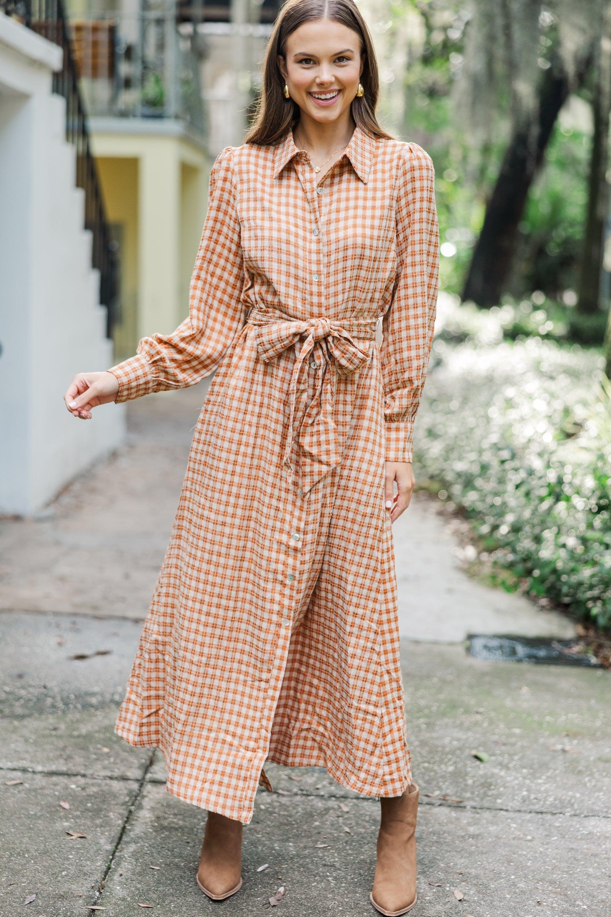 Harvest Wishes Rust Orange Gingham Midi Dress Female Product Image