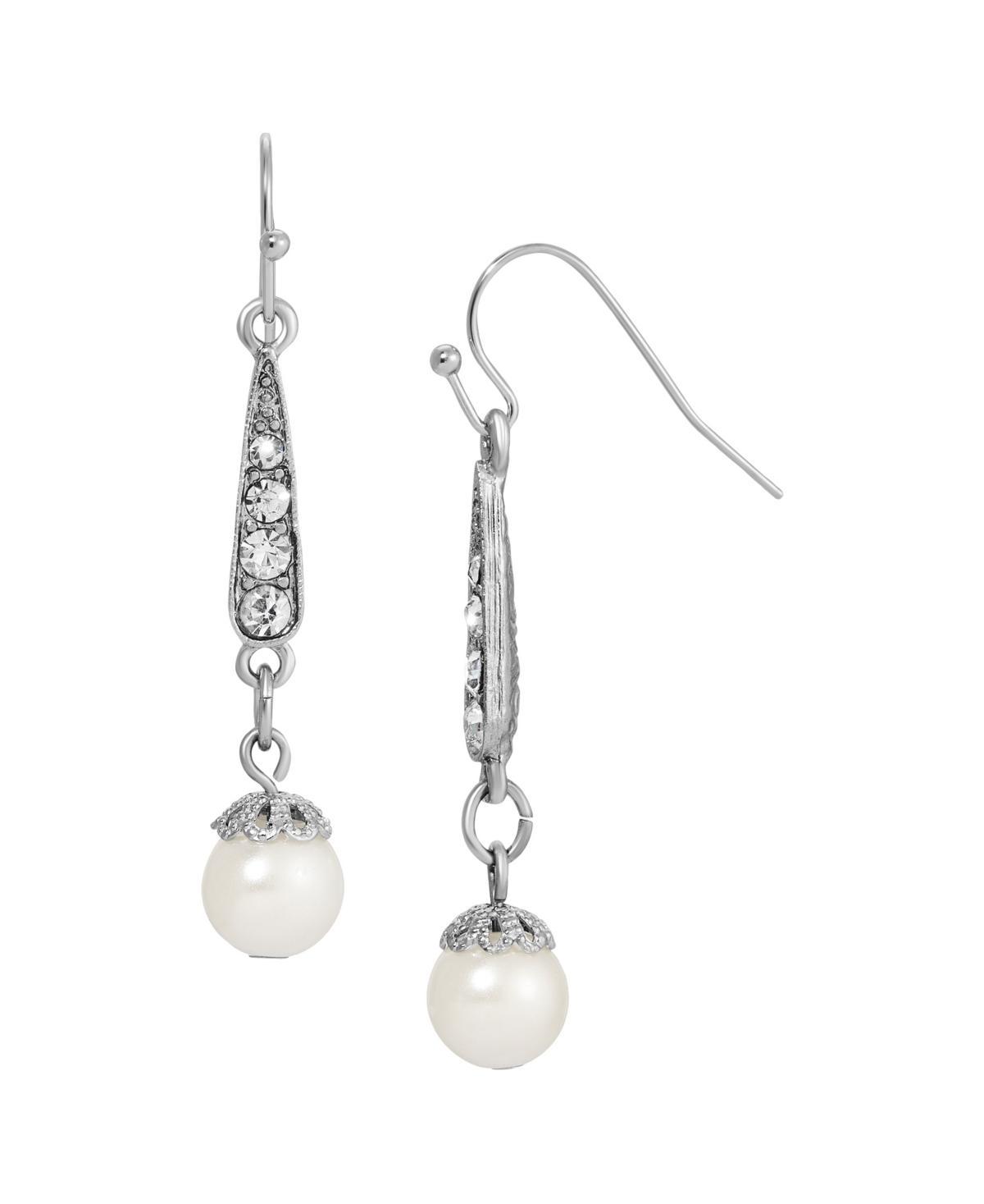 1928 Silver Tone Simulated Pearl Crystal Drop Earrings, Womens, White Product Image