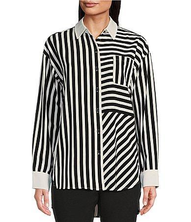 Karl Lagerfeld Paris Women's Stripe Pocket Button Down Shirt - Black - Size L  - female - Size: L Product Image