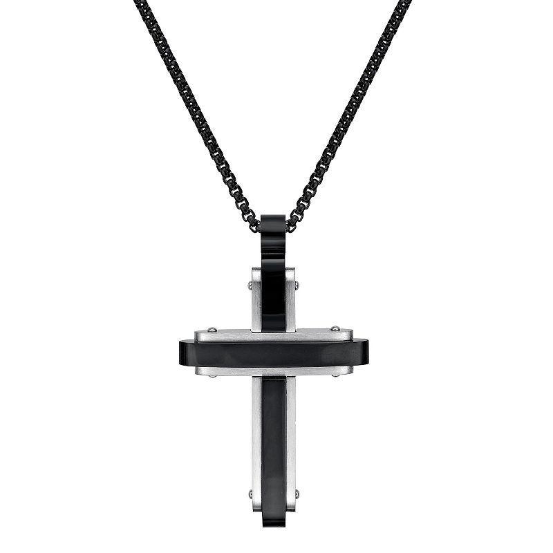 Mens LYNX Two-Tone Black Ion Plated Stainless Steel Cross Pendant Necklace Two Tone Product Image