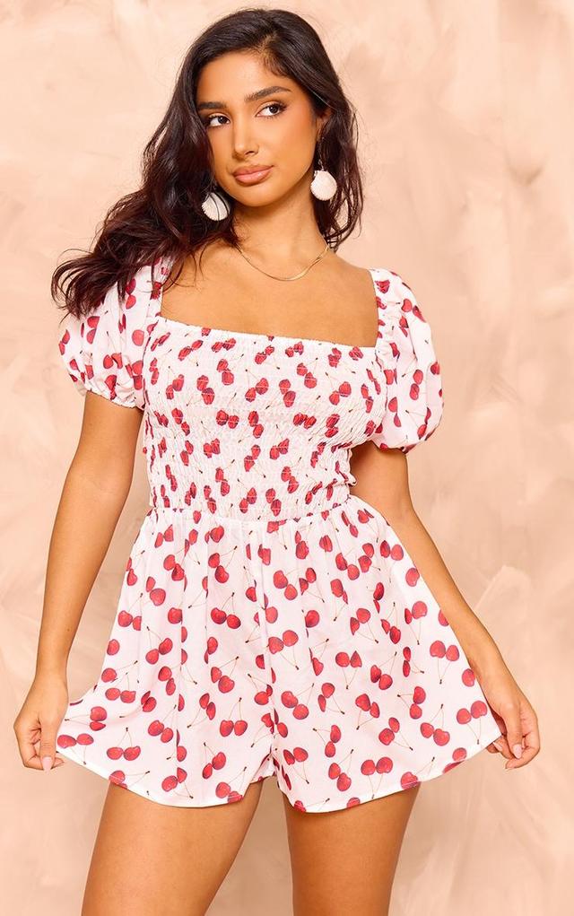 Petite White Backless Cherry Print Romper Product Image