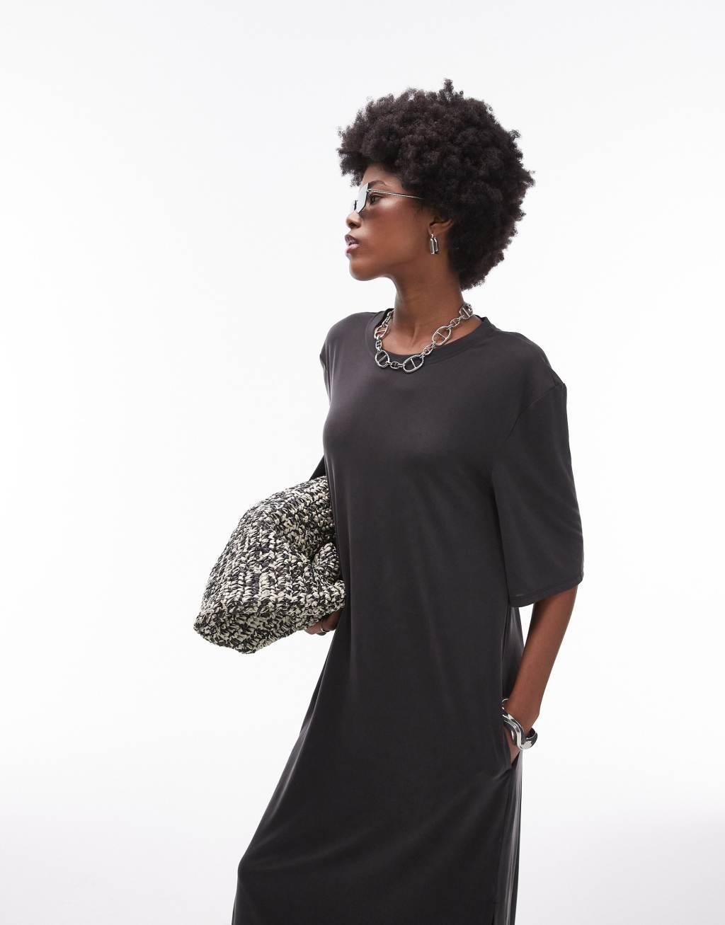 Topshop cupro oversized T-shirt midi dress in charcoal Product Image