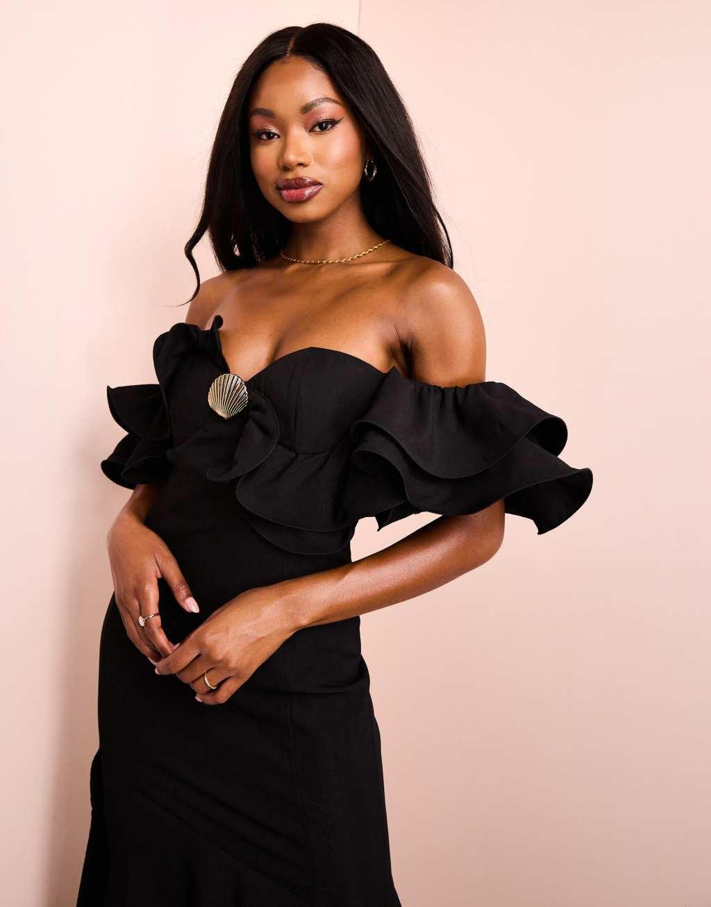 ASOS LUXE ruffle off shoulder maxi dress with shell trim in black Product Image