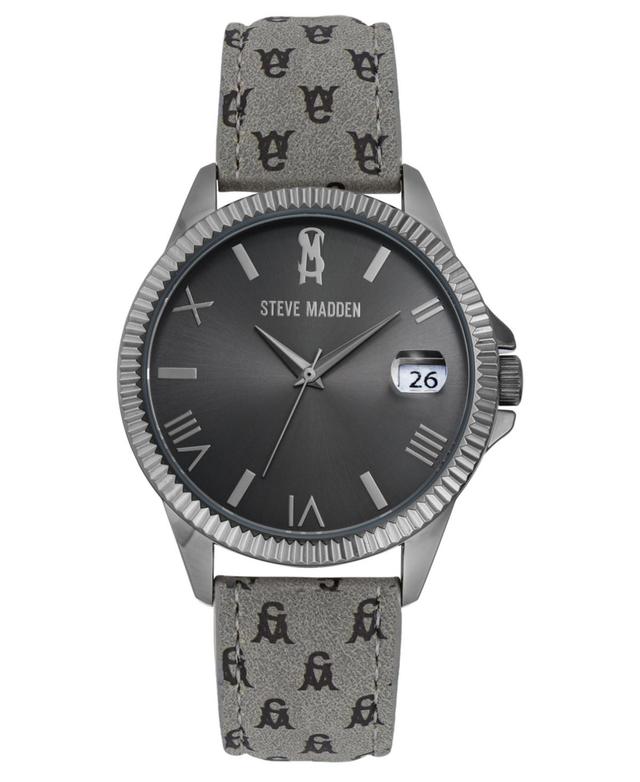 Steve Madden Womens Gray Polyurethane Leather Strap with Black Steve Madden Logo and Stitching Watch, 41mm - Gray, Black Product Image