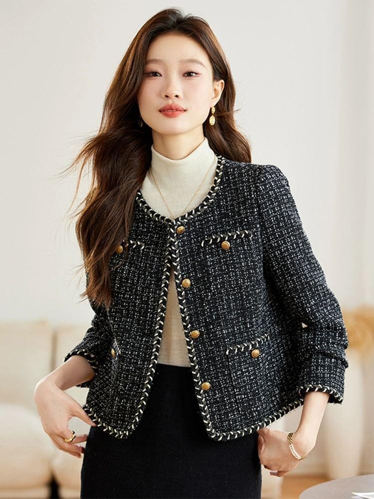 Round Neck Tweed Button Jacket Product Image