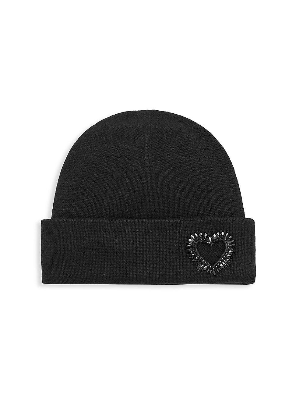 Womens Cashmere Cuffed Beanie W. Heart Cutout & Crystals Product Image