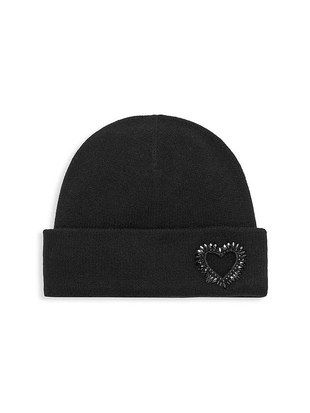 Womens Cashmere Cuffed Beanie W. Heart Cutout & Crystals Product Image