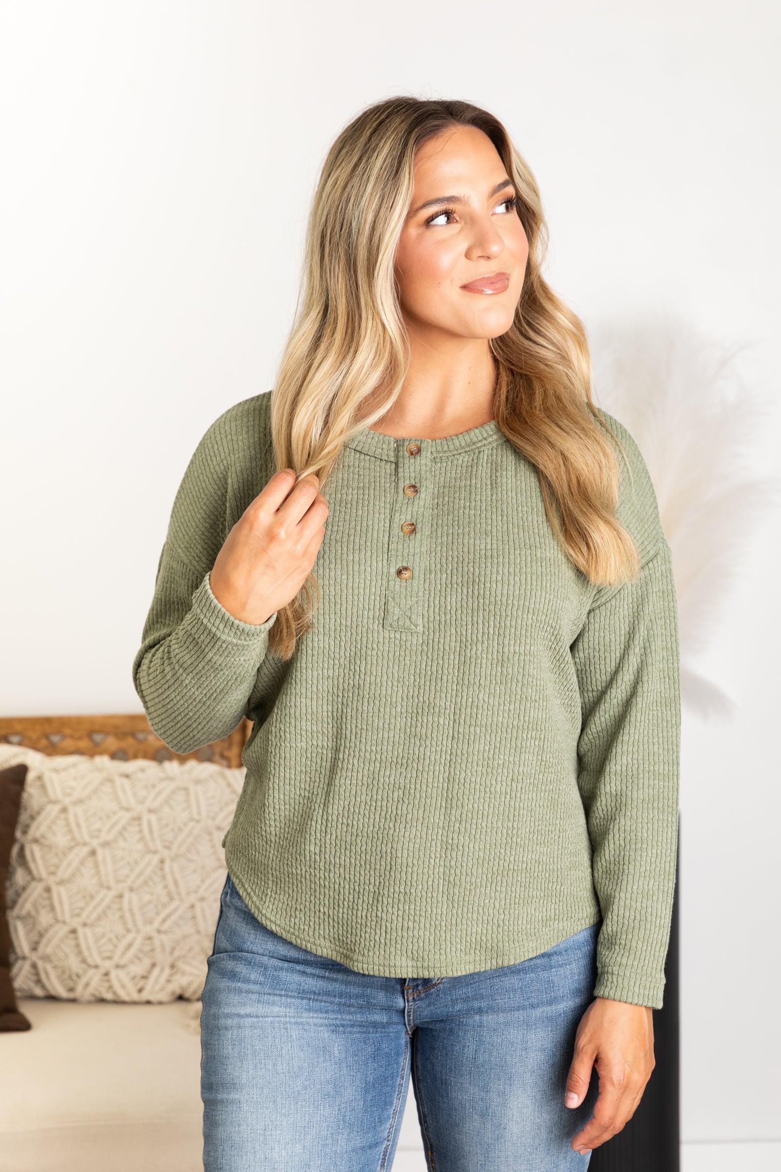 Waffle Knit Henley Long Sleeve Knit Top Product Image