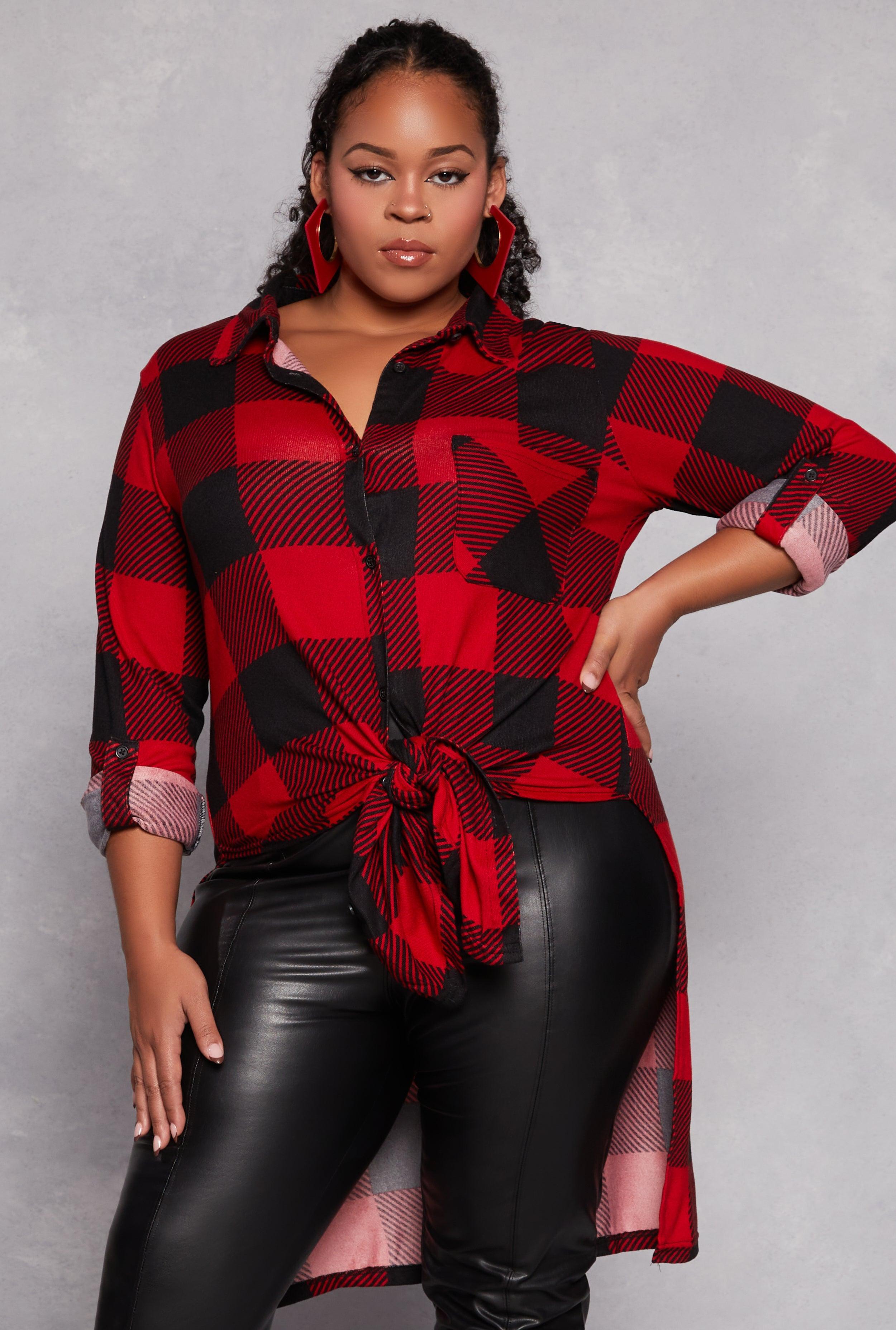 Womens Plus Size Plaid Tie Front High Low Top Product Image