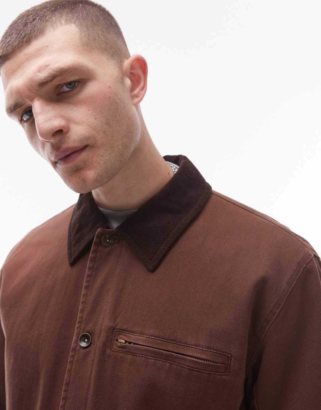 Topman wadded worker jacket in brown with contrast collar Product Image