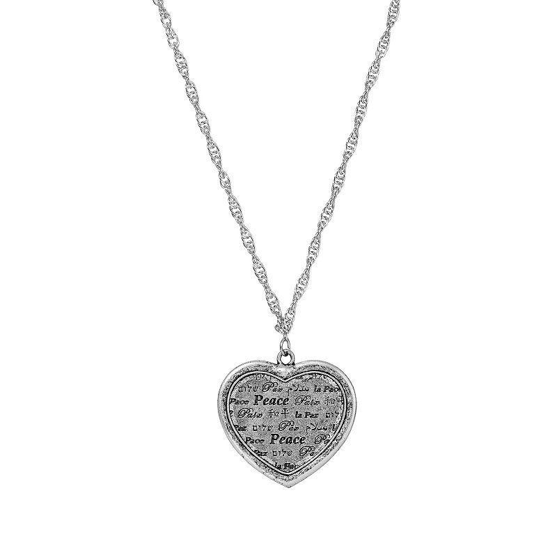 1928 Pewter Multi Language Peace Heart Medallion Necklace, Womens, Silver Product Image