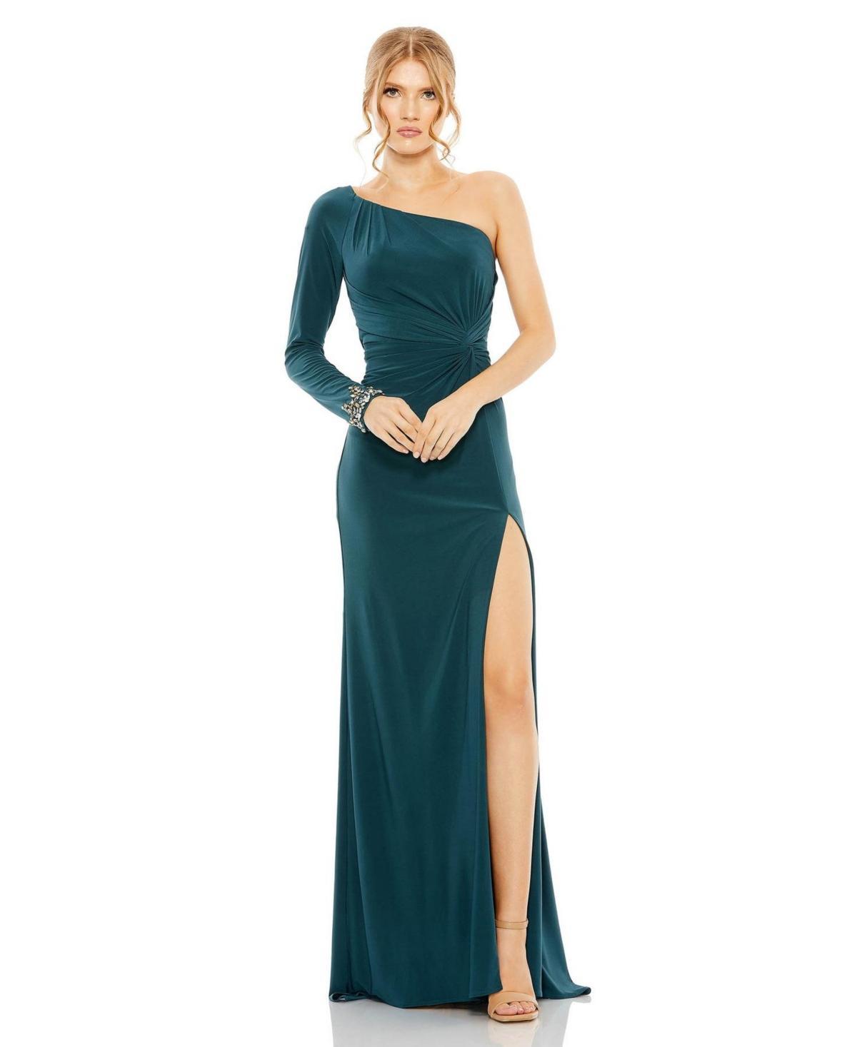 Womens One Sleeve Beaded Cuff Side Twist Gown Product Image