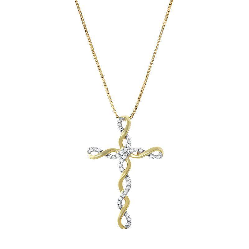 Two Tone Sterling Silver 1/5 Carat T.W. Diamond Cross Pendant Necklace, Womens 14k Gold Plate Product Image