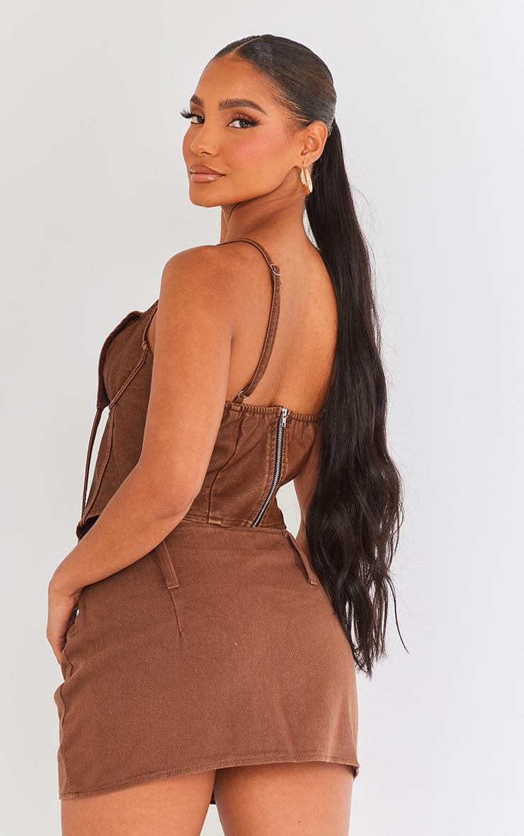 Brown Washed Faux Leather Under Wire Seam Detail Corset Product Image