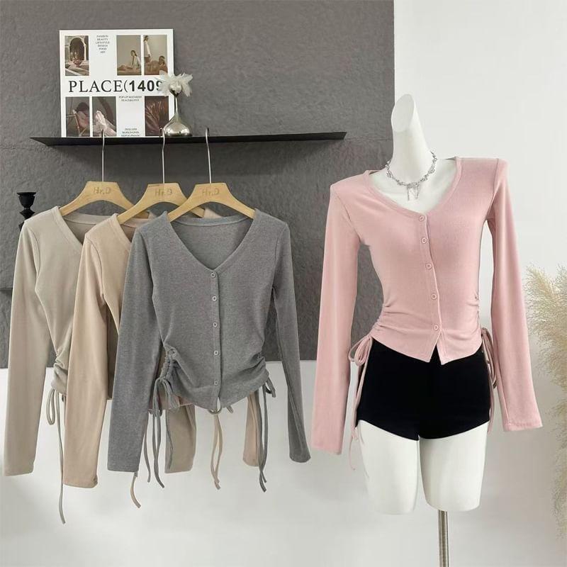 Long Sleeve V-Neck Plain Side-Drawstring Slim-Fit Button-Up Top Product Image