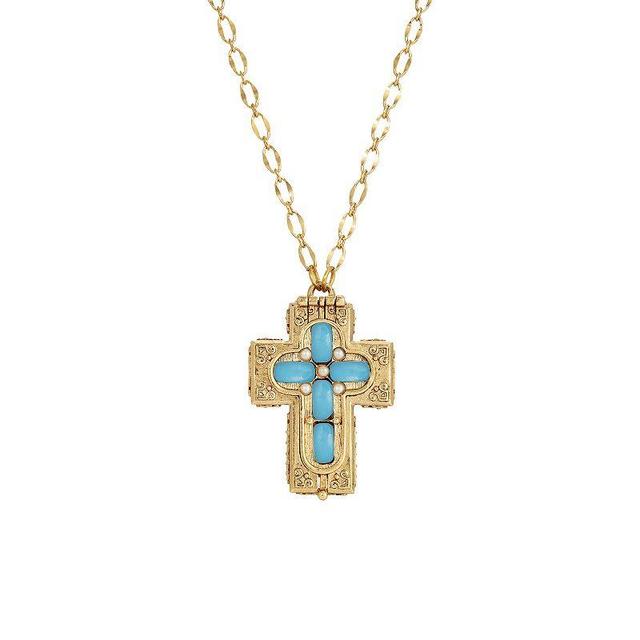 Symbols Of Faith Gold Tone Blue Moonstone Cross Locket Pendant Necklace, Womens, Green Product Image