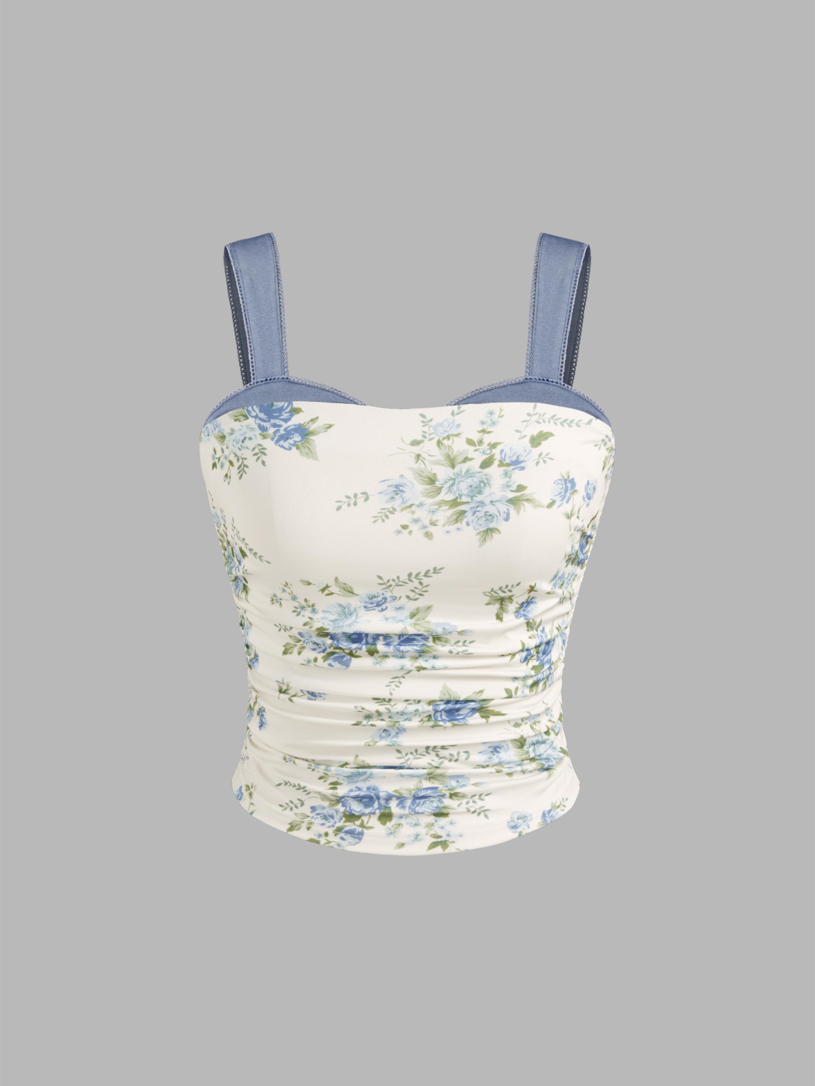 Sweetheart Neckline Floral Ruched Tank Top Product Image