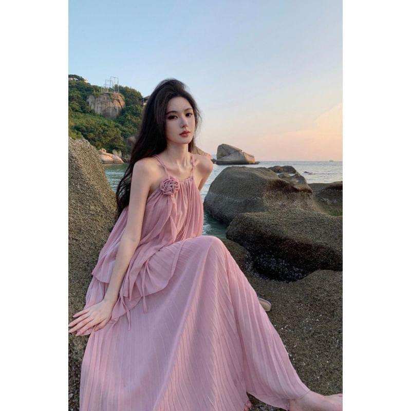 Set: Halter Neck Pleated Top + High Waist Maxi Pleated A-Line Skirt Product Image