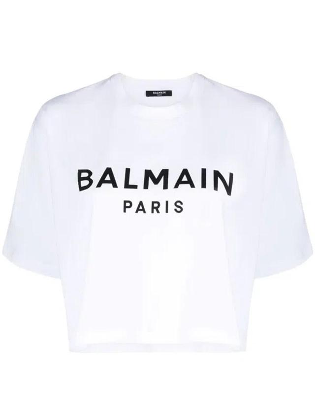 BALMAIN White Logo Cropped Cotton T-shirt Product Image