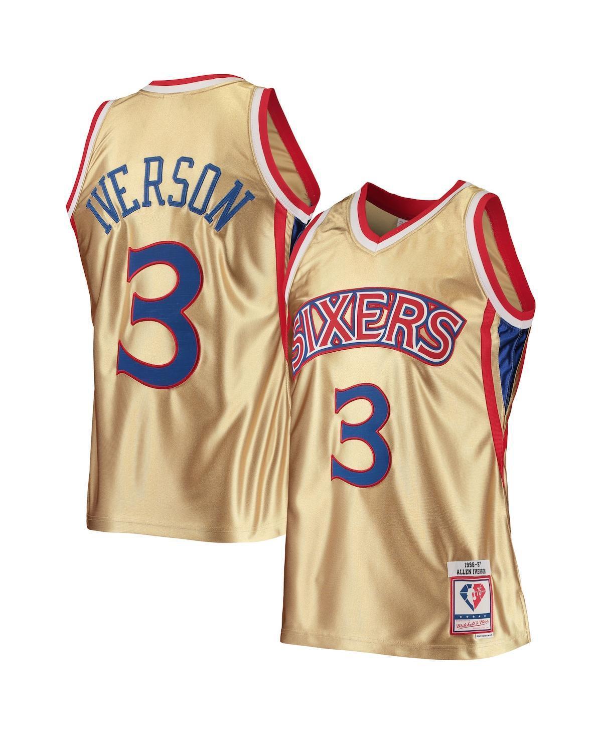 Mens Mitchell & Ness Allen Iverson Gold Philadelphia 76ers 75th Anniversary 1996-97 Hardwood Classics Swingman Jersey - Gold Product Image