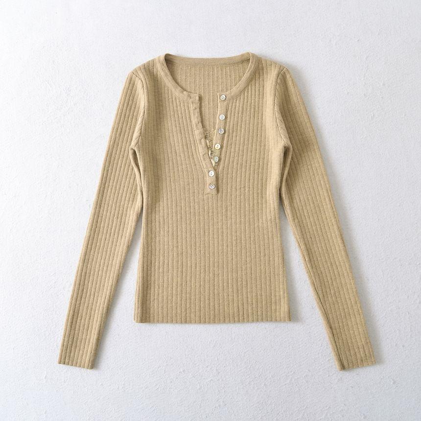 Long-Sleeve Plain Ribbed Henley Knit Top Product Image