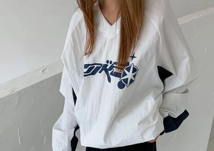 V-Neck Two Tone Print Drawstring Sweatshirt Product Image