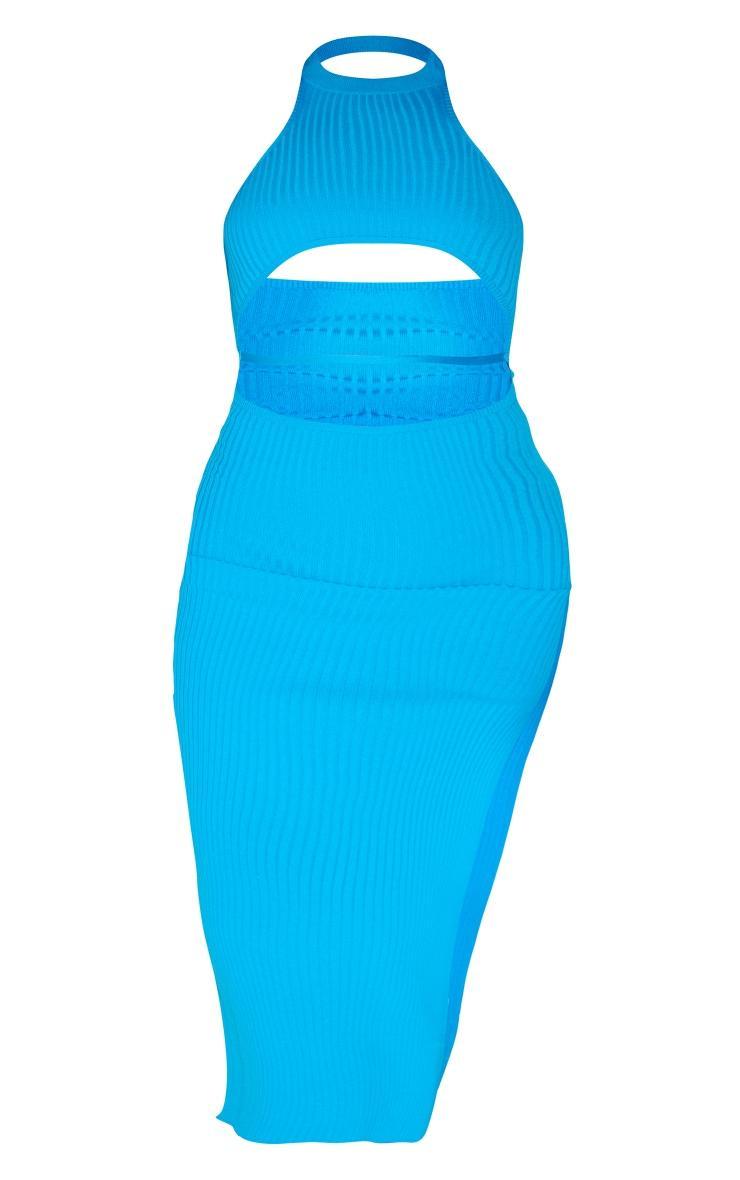 Bright Blue Halter Neck Front Cut Our Rib Knit Maxi Dress Product Image