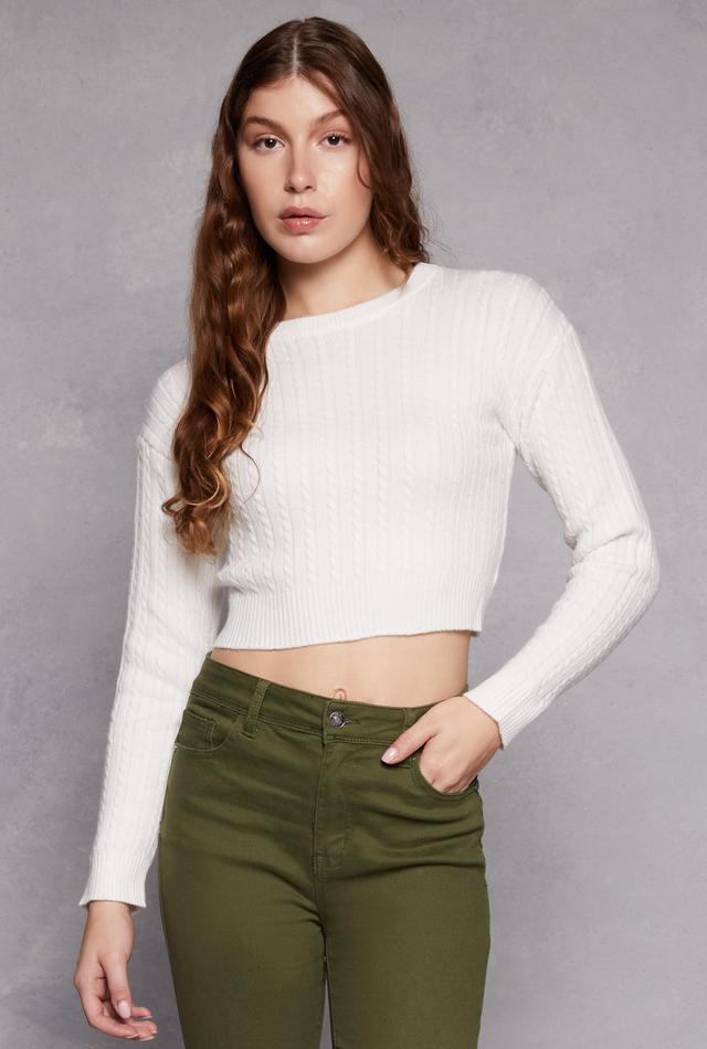 Womens Cable Knit Crew Neck Cropped Sweater Product Image