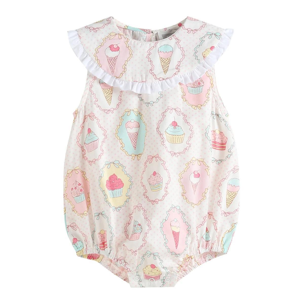 Sweet Bakery Print Cupcake Collared Bubble Romper Product Image