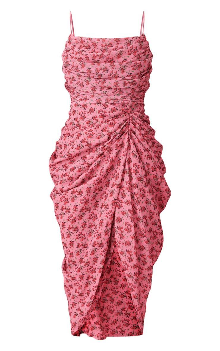 Pink Floral Print Chiffon Ruched Drape Midi Dress Product Image