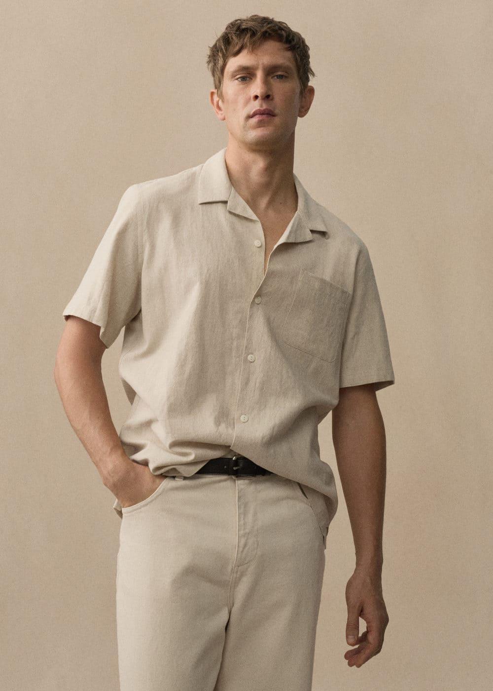 Mango Mens Short Sleeve Cotton Linen Shirt Product Image