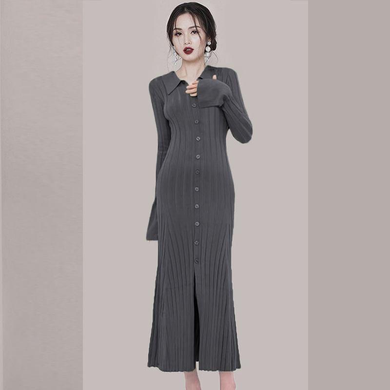 Long Sleeve Collared Plain Ribbed Knitted Midi Bodycon Dress Product Image