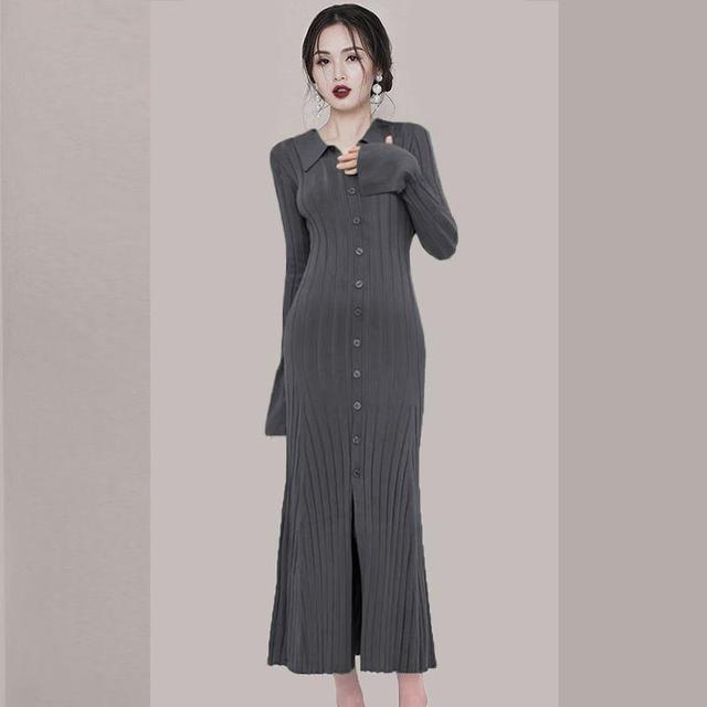 Long Sleeve Collared Plain Ribbed Knitted Midi Bodycon Dress Product Image