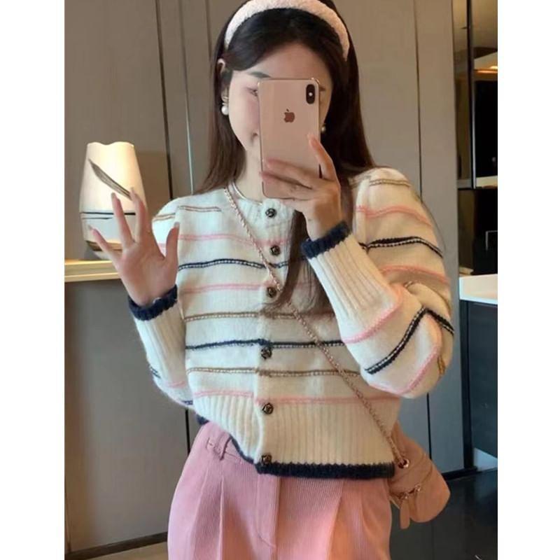 Round Neck Striped Button Up Crop Cardigan Product Image