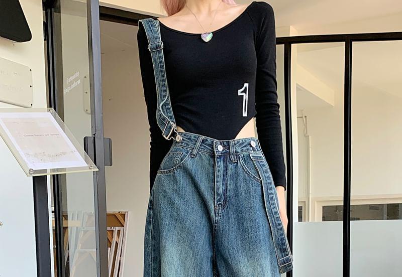 High Waist Cutout Washed Wide Leg Suspender Jeans Product Image