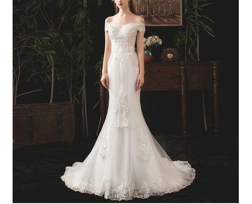 Short-Sleeve Off Shoulder Sequined Floral Lace Trained Mermaid Wedding Gown Product Image