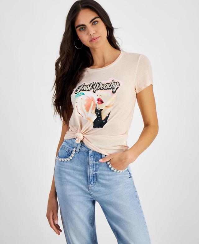 Guess Womens Just Peachy Embellished Graphic Print T-Shirt Product Image