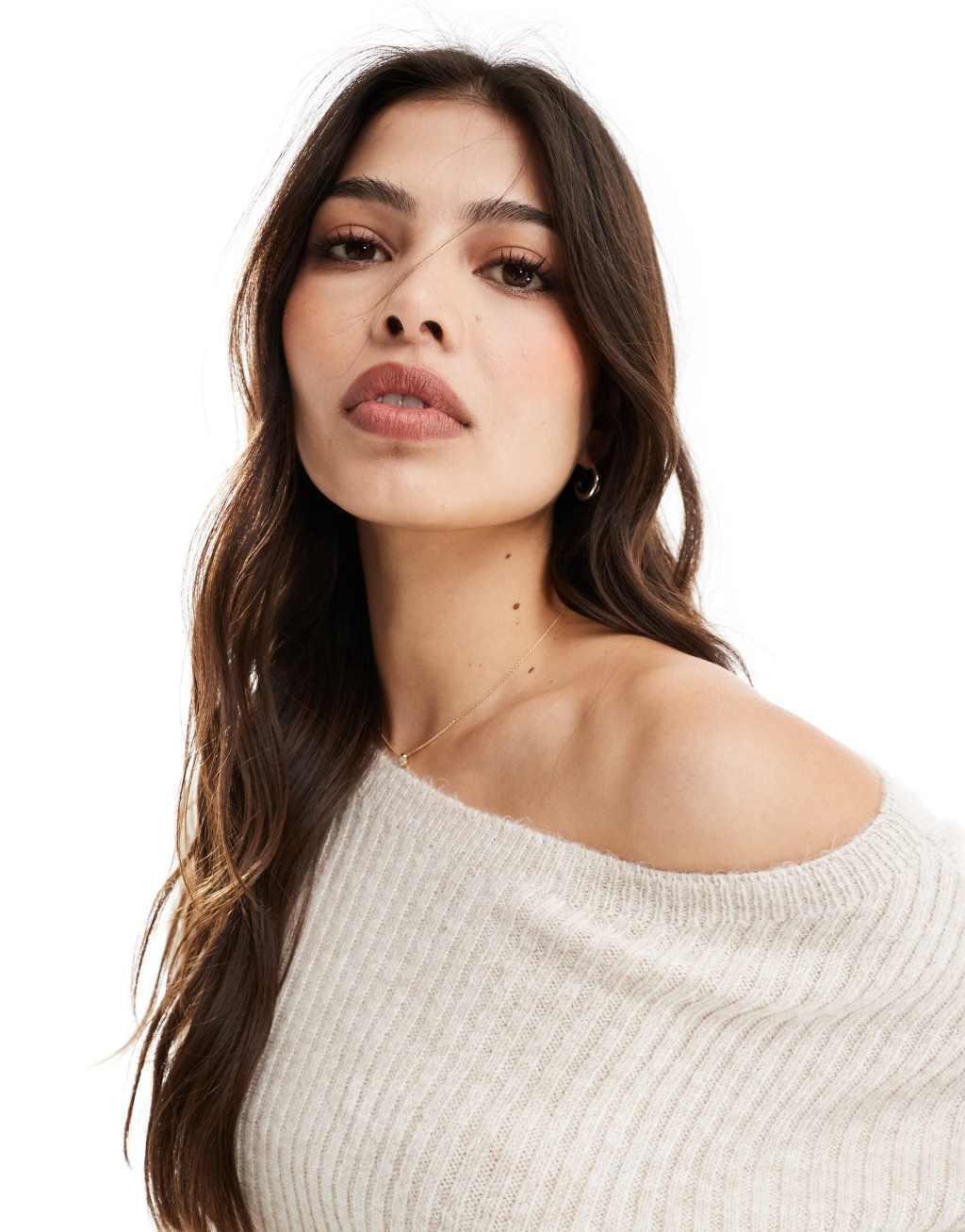 ASOS DESIGN off the shoulder knitted sweater in ecru Product Image