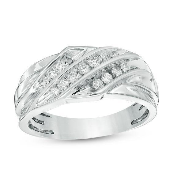 Men's 3/8 CT. T.w. Diamond Slanted Three Row Ring in 10K White Gold Product Image