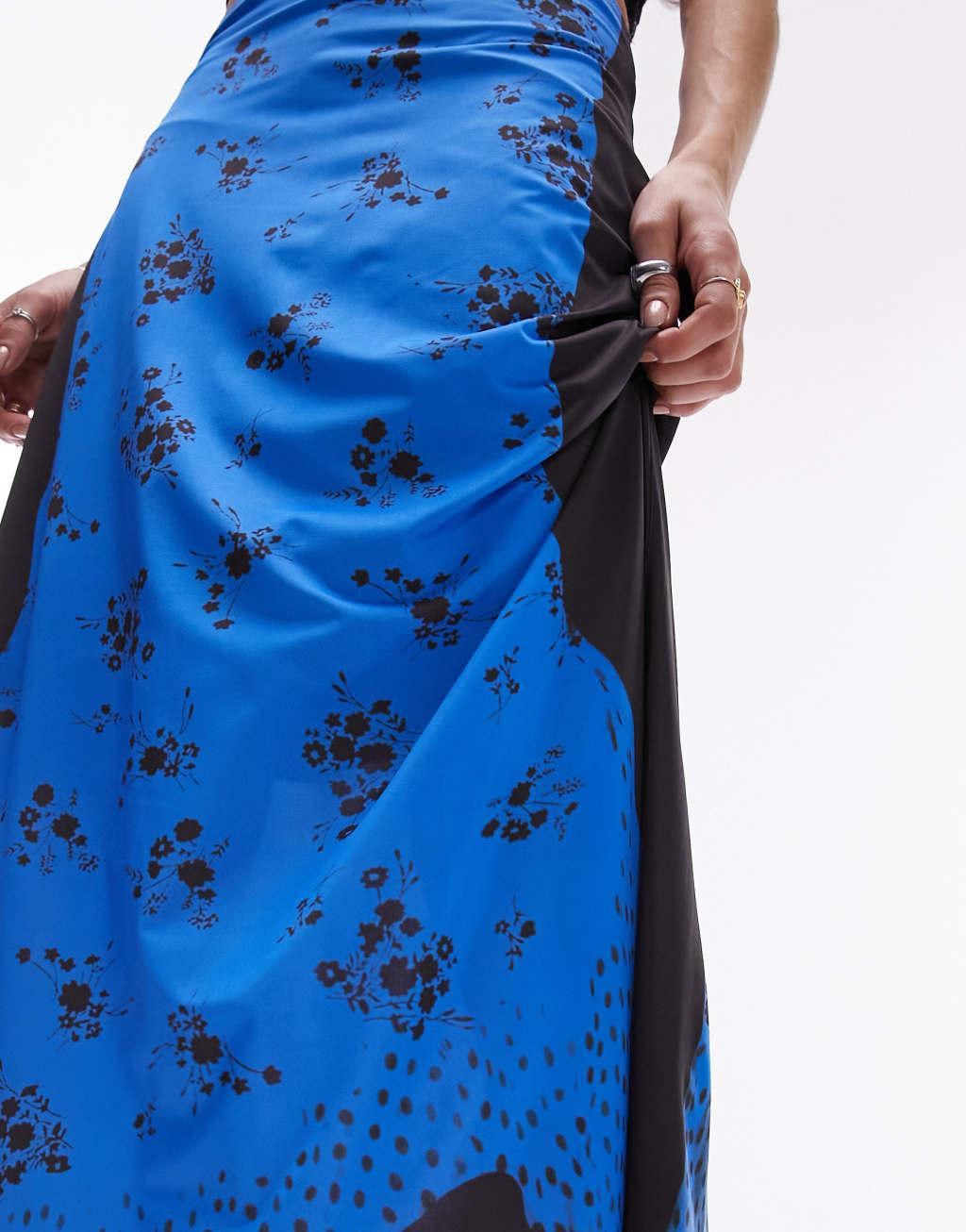 Topshop trompe l'oeil tube jersey maxi skirt in blue floral Product Image