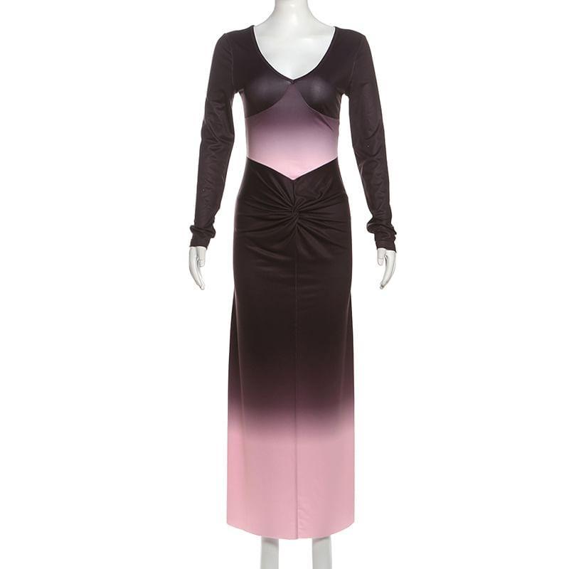 Long Sleeve V-Neck Gradient Ruched Maxi Sheath Dress Product Image