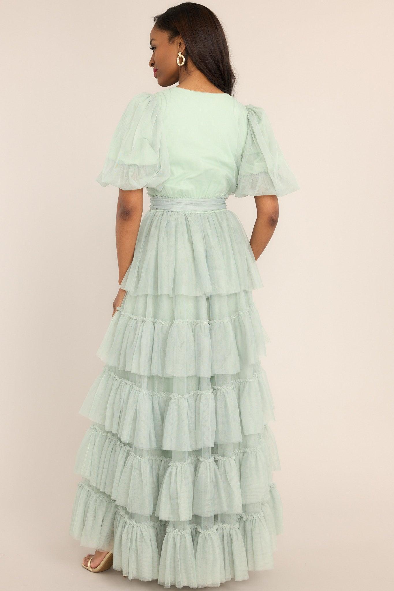 A Beautiful Feeling Seafoam Tiered Tulle Maxi Dress Product Image