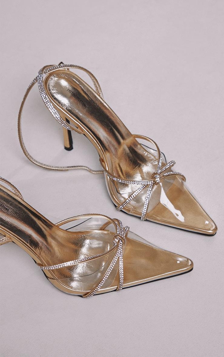 Gold Wide Fit Diamante Knot Detail Point Toe Mid Heeled Sandals Product Image