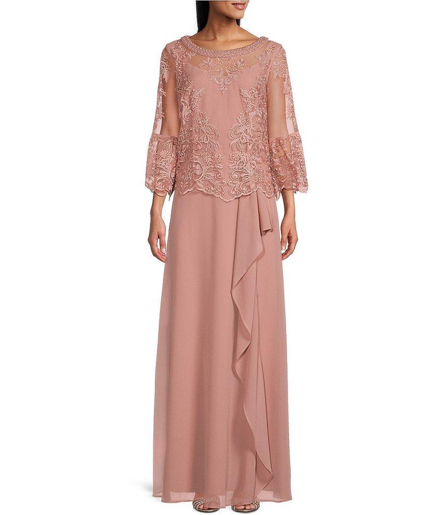 Le Bos 3/4 Bell Sleeve Beaded Trim Round Neck Embroidered Lace Popover Cascade A-Line Gown Product Image