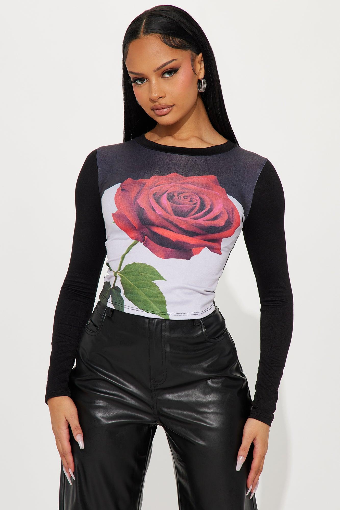 Give Me Roses Long Sleeve Top - Black Product Image