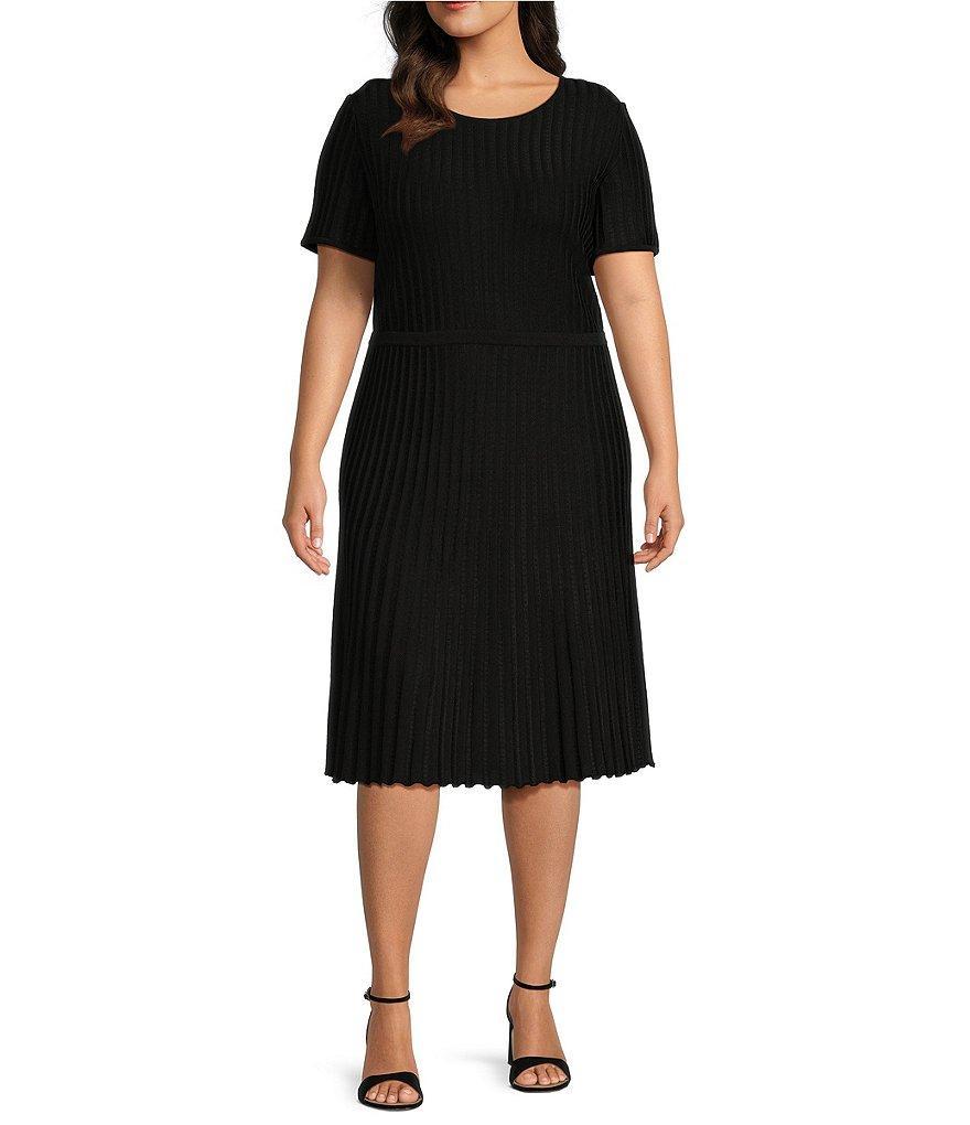 Ming Wang Plus Size Soft Knit Textured Stripe Short Sleeve A-Line Midi Dress Product Image